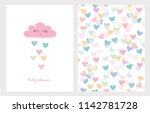 Set of Two Cute Vector Illustrations. Pink Smiling Cloud with Dropping Hearts. Pink Baby Shower Text. White Background. Colorful Bright Hearts Vector Pattern. Lovely Baby Shower Illustration.