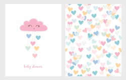Set Of Two Cute Vector Illustrations. Pink Smiling Cloud With Dropping Hearts. Pink Baby Shower Text. White Background. Colorful Bright Hearts Vector Pattern. Lovely Baby Shower Illustration.