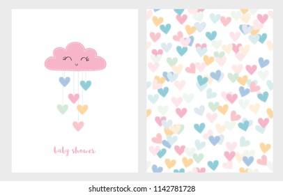 Set of Two Cute Vector Illustrations. Pink Smiling Cloud with Dropping Hearts. Pink Baby Shower Text. White Background. Colorful Bright Hearts Vector Pattern. Lovely Baby Shower Illustration.