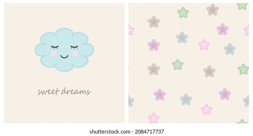set of two cute vector illustrations of cloud, stars and drink sweet dreams, wish. seamless pattern with stars. baby dream concept template for after-bed linen, pillows, pajamas