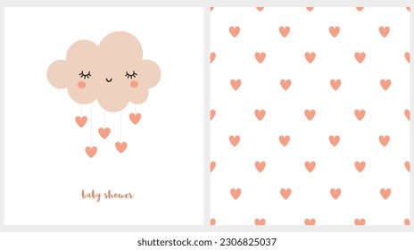 Set of Two Cute Vector Prints. Sweet Smiling Cloud with Dropping Hearts. Lovely Baby Shower Card. Seamless Vector Pattern with Red Hearts on a White Background.Baby Shower Party Invitation,Decoration.