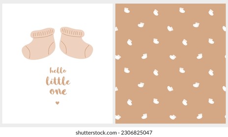 Set of Two Cute Vector Prints with Woolen Baby Boots and Heart. Baby Shower Card. Seamless Vector Pattern with White Tiny Boots on a Brown Background. Baby Shower Party Invitation, Decoration.