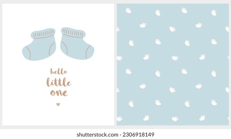 Set of Two Cute Vector Prints with Woolen Baby Boots and Heart. Baby Shower Card. Seamless Vector Pattern with Blue Tiny Boots on a White Background. Baby Boy Welcome Party Invitation, Decoration.
