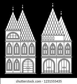 Set of two cute vintage, cartoon style, fairytale houses. With fence on roof, gothic windows and gate doors. White silhouettes