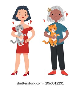 Un grupo de dos mujeres lindas de diferentes edades que se mantienen en pleno crecimiento y mantienen gatos. El hombre tiene una mascota. Dibujo de personajes bonitos