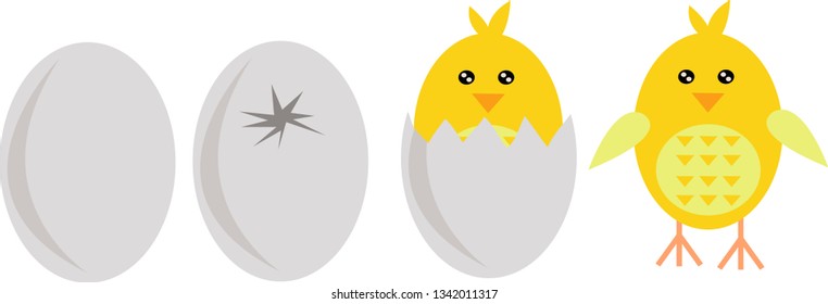 Set of two cute yellow Easter chickens and two eggs isolated on a white background.