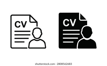 Набор из двух значков документов CV с профилем кандидата, в схемах и сплошных стилях, представляющих резюме, заявление о приеме на работу и процесс найма. Идеально подходит для HR, подбора персонала и дизайна веб-сайтов карьеры.
