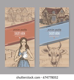 Set of two dairy farm shop labels with traditional farmhouse, milkmaid and cow. Placed on cardboard texture. Includes hand drawn elements.