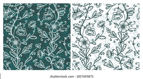 Conjunto de dos Patrones de Flores Verdes Oscuras. Vintage Fondo de Seamless con Flor de amapola estilizada. Esbozar las hermosas flores y hojas. Ilustración del vector