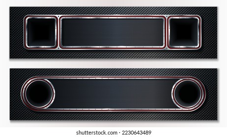 Conjunto de dos banners perforados de metal oscuro con un lugar para el texto. Para diseño industrial y tecnológico. Ilustración vectorial.