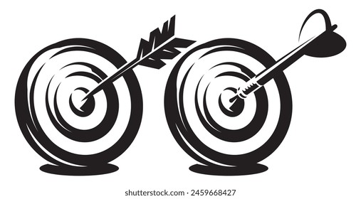 Set of two dart targets with arrow and dart on white background. Vector monochrome illustration.