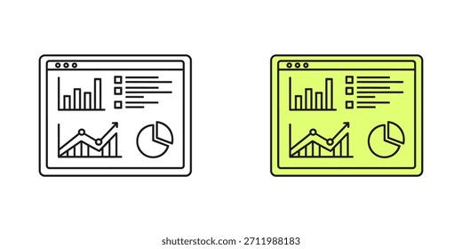 Conjunto de dois ícones da interface do dashboard mostrando várias visualizações de dados de negócios, como gráfico de barras, gráfico de linhas e gráfico de pizza, um contorno e um preenchido com cor verde-claro, isolado em