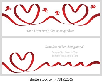 A set of two Valentine’s Day cards with seamless red ribbons and text space, vector illustration.