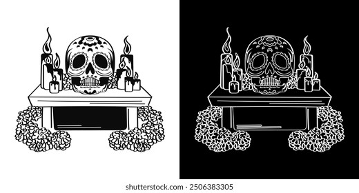 Set of two Day of the Dead hand drawn linear Mexican sugar skulls (Calavera) surrounded by marigold flowers and burning candles on an altar. Black and white illustration of Dia de los Muertos ofrenda.