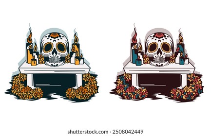 Set of two Day of the Dead hand drawn stickers with linear Mexican sugar skull (Calavera) surrounded by marigold flowers and burning candles on an altar. Illustration of Dia de los Muertos ofrenda.