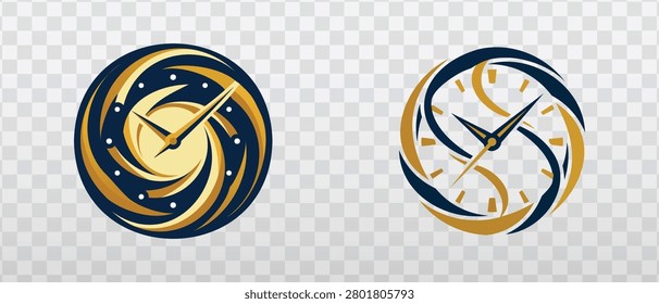 Set of two decorative analog clock icons with round faces, gold and navy swirl patterns, and simple hands, ideal for time management graphics, schedule planning, luxury decor, app interfaces, and modern symbol design.