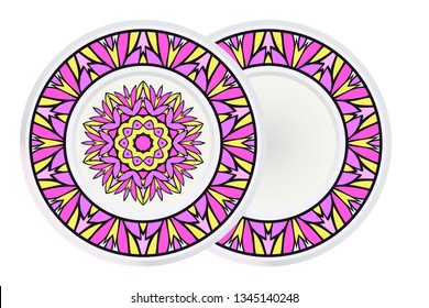 Set of two Decorative Art Deco Mandala and Border From Floral Elements. Vector Illustration. For Coloring Book, Greeting Card, Invitation, Tattoo. Anti-Stress Therapy Pattern.