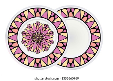 Set of two Decorative Art Deco Mandala and Border From Floral Elements. Vector Illustration. For Coloring Book, Greeting Card, Invitation, Tattoo. Anti-Stress Therapy Pattern.