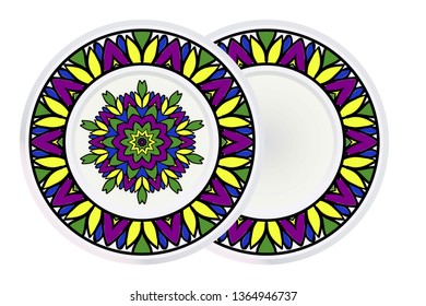 Set of two Decorative Art Deco Mandala and Border From Floral Elements. Vector Illustration. For Coloring Book, Greeting Card, Invitation, Tattoo. Anti-Stress Therapy Pattern.