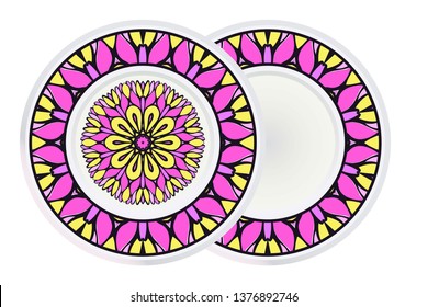 Set of two Decorative Art Deco Mandala and Border From Floral Elements. Vector Illustration. For Coloring Book, Greeting Card, Invitation, Tattoo. Anti-Stress Therapy Pattern.