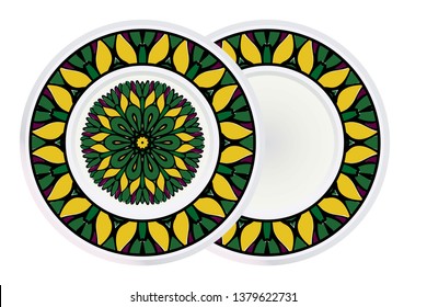 Set of two Decorative Art Deco Mandala and Border From Floral Elements. Vector Illustration. For Coloring Book, Greeting Card, Invitation, Tattoo. Anti-Stress Therapy Pattern.