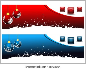 Set von zwei dekorativen Bannern oder Headern zu Weihnachten und Herbst mit Weihnachtsbäumen und Ikone auf Schneeflocken-Hintergrund