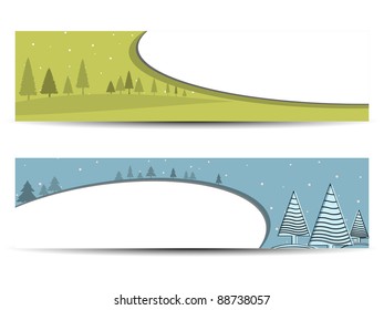 set of two  decorative banners or headers for Christmas and autumn having Christmas trees on snow flakes background