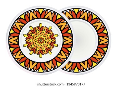 Set of two Decorative Elements With Mandala Ornament and round frame. Ornamental Floral, Oriental Pattern. Vector Illustration. Indian, Moroccan, Mystic, Ottoman Motifs. Anti-Stress Therapy Pattern.
