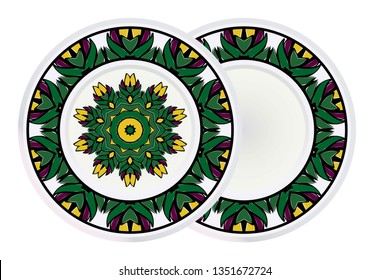 Set of two Decorative Elements With Mandala Ornament and round frame. Ornamental Floral, Oriental Pattern. Vector Illustration. Indian, Moroccan, Mystic, Ottoman Motifs. Anti-Stress Therapy Pattern.