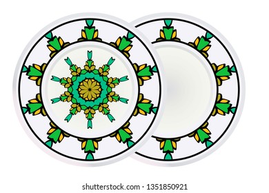 Set of two Decorative Elements With Mandala Ornament and round frame. Ornamental Floral, Oriental Pattern. Vector Illustration. Indian, Moroccan, Mystic, Ottoman Motifs. Anti-Stress Therapy Pattern.