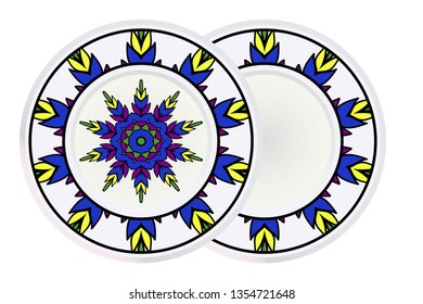 Set of two Decorative Elements With Mandala Ornament and round frame. Ornamental Floral, Oriental Pattern. Vector Illustration. Indian, Moroccan, Mystic, Ottoman Motifs. Anti-Stress Therapy Pattern.