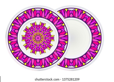 Set of two Decorative Elements With Mandala Ornament and round frame. Ornamental Floral, Oriental Pattern. Vector Illustration. Indian, Moroccan, Mystic, Ottoman Motifs. Anti-Stress Therapy Pattern.