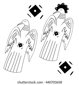 Set of two decorative flying pigeons and rhombuses. Vector template suitable for various designs, as logo, icons, prints, patterns, and other.