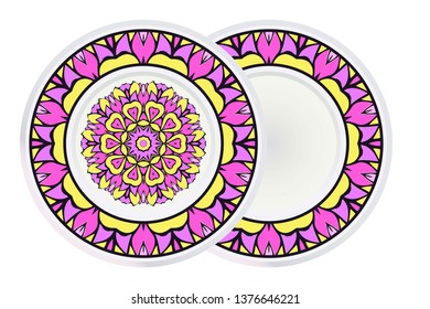 Set of two Decorative Ornament With Mandala and round frame. Home Decor Background. Vector Illustration. For Coloring Book, Greeting Card, Invitation, Tattoo. Anti-Stress Therapy Pattern.