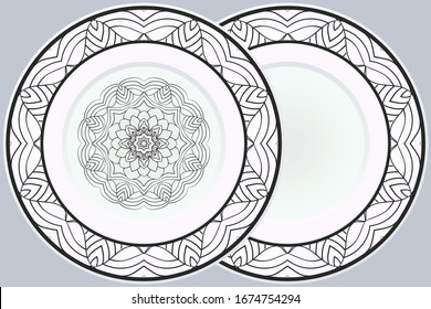 Conjunto de dos adornos decorativos con Mandala y marco redondo. Fondo de la decoración doméstica. Ilustración. Para Colores, Tarjeta De Saludo, Invitación, Tatuaje. Patrón de tratamiento antiestrés. Vector
