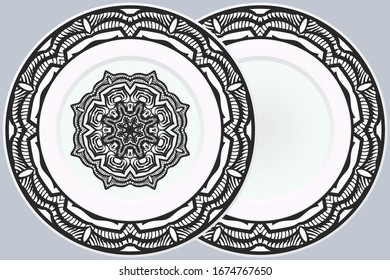 Conjunto de dos adornos decorativos con Mandala y marco redondo. Fondo de la decoración doméstica. Ilustración. Para Colores, Tarjeta De Saludo, Invitación, Tatuaje. Patrón de tratamiento antiestrés. Vector