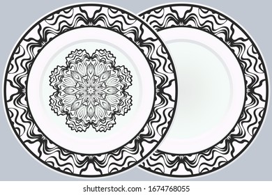 Set of two Decorative Ornament With Mandala and round frame. Home Decor Background. Illustration. For Coloring Book, Greeting Card, Invitation, Tattoo. Anti-Stress Therapy Pattern. Vector