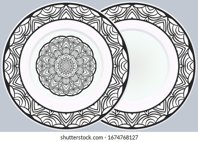 Conjunto de dos adornos decorativos con Mandala y marco redondo. Fondo de la decoración doméstica. Ilustración. Para Colores, Tarjeta De Saludo, Invitación, Tatuaje. Patrón de tratamiento antiestrés. Vector