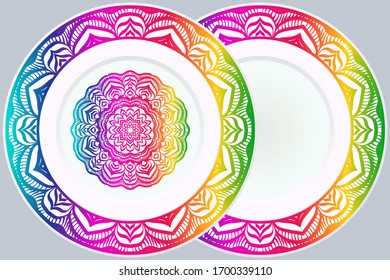 Conjunto de dos adornos decorativos con Mandala y marco redondo. Fondo de la decoración doméstica.  Ilustración. Para Colores, Tarjeta De Saludo, Invitación, Tatuaje. Patrón de tratamiento antiestrés. Vector