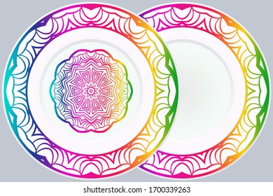 Conjunto de dos adornos decorativos con Mandala y marco redondo. Fondo de la decoración doméstica.  Ilustración. Para Colores, Tarjeta De Saludo, Invitación, Tatuaje. Patrón de tratamiento antiestrés. Vector