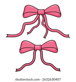 Um conjunto de dois arcos decorativos cor-de-rosa com rabos de fita vibrantes, pintados em estilo cartoon.