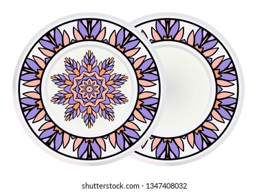Set of two Decorative Round Mandala From Floral Elements with border. Vector Illustration. For Coloring Book, Greeting Card, Invitation, Tattoo. Anti-Stress Therapy Pattern.
