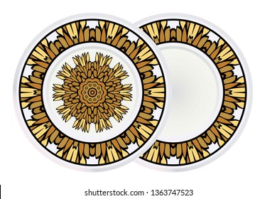 Set of two Decorative Round Mandala From Floral Elements with border. Vector Illustration. For Coloring Book, Greeting Card, Invitation, Tattoo. Anti-Stress Therapy Pattern.