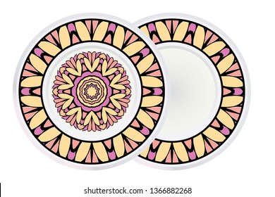 Set of two Decorative Round Mandala From Floral Elements with border. Vector Illustration. For Coloring Book, Greeting Card, Invitation, Tattoo. Anti-Stress Therapy Pattern.