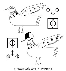 Set of two decorative seagulls and graphic elements. 