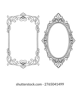 A set of two decorative vintage frames featuring intricate scrollwork, acanthus leaves, and floral motifs. Includes one rectangular frame with ornate corners and one oval frame with a beaded inner border. Perfect for wedding invitations, certificates, luxury branding, and classic portrait photography borders. High-contrast black line art on a white background.