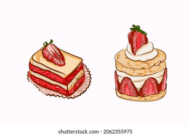 Set of two delicious strawberry desserts vector illustration. Vanila cupcake with strawberry filling with berry on top covered by chocolate. Vanilla shortcake with whipping cream and fresh strawberris