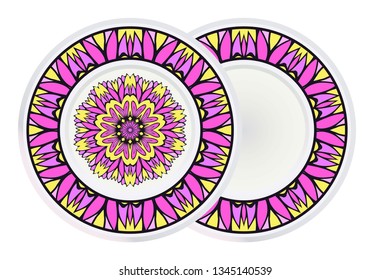 Set of two Design With Floral Mandala Ornament and round frame. Vector Illustration. Oriental Pattern. Indian, Moroccan, Mystic, Ottoman Motifs. Anti-Stress Therapy Pattern.