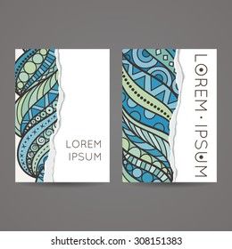 A set of two designs for brochures, leaflets, covers, leaflets, flyers, cards with an elegant and sophisticated pattern and imitation of torn paper. Vector.