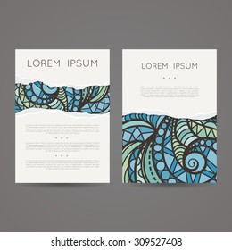 A set of two designs for brochures, leaflets, covers, leaflets, flyers, cards with an elegant and sophisticated pattern and imitation of torn paper. Vector.